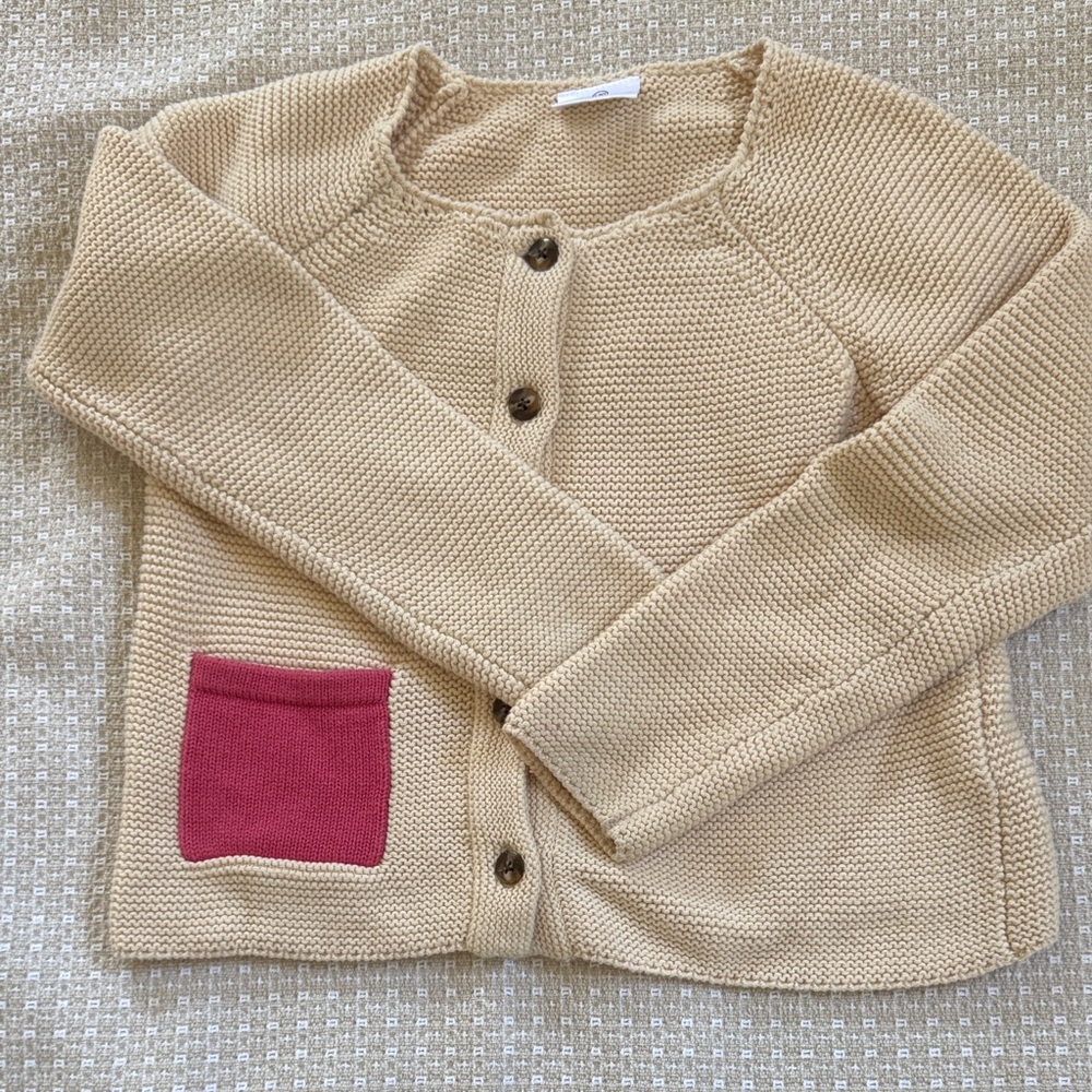 Little Girls Hanna Andersson Beige Cardigan with Pink Pocket